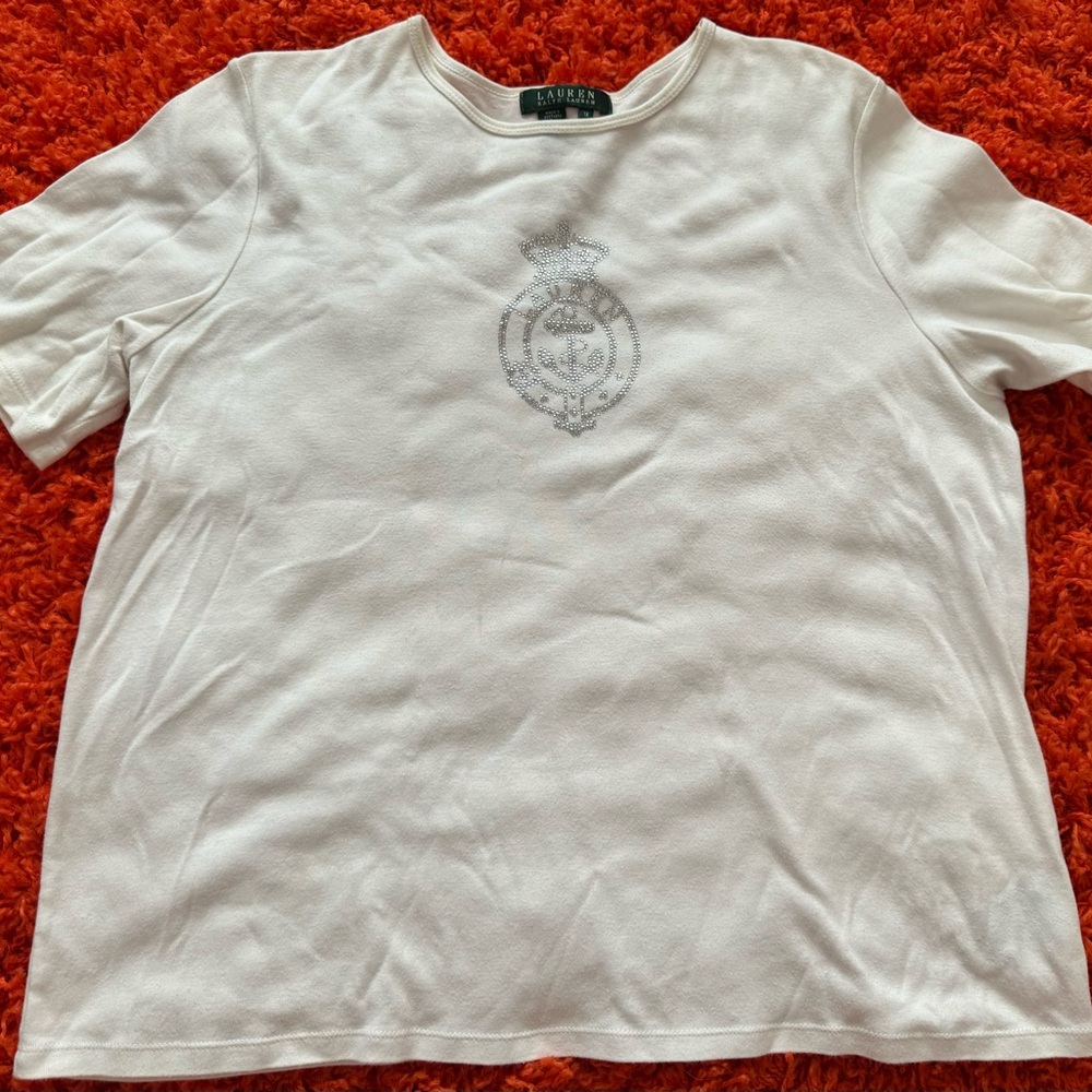 LAUREN BY RALPH LAUREN WHITE T-SHIRT FRON RHINESTONES LOGO PLUS SIZE 1X